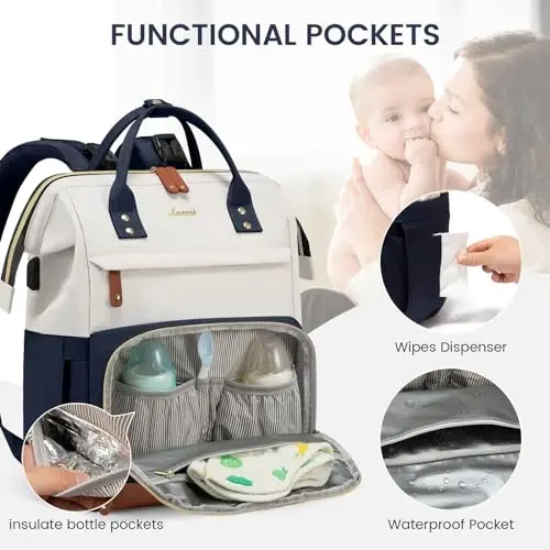 LOVEVOOK Diaper Bag Backpack, Baby Bag with Changing Station, Large Diaper Backpack for Mom Dads, Waterproof Leather Mommy Bag for Boy and Girl, Travel Essential Baby Shower, Navy Blue-Beige - 3