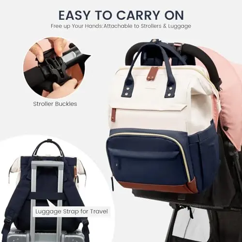 LOVEVOOK Diaper Bag Backpack, Baby Bag with Changing Station, Large Diaper Backpack for Mom Dads, Waterproof Leather Mommy Bag for Boy and Girl, Travel Essential Baby Shower, Navy Blue-Beige - 4