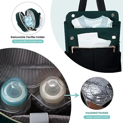 LOVEVOOK Diaper Bag Backpack,Diaper Tote Bag with Insulated Pockets,Baby Bag for Girl Boy with Changing Pad,Large Baby Diaper Bag with Pacifier Case,Anti-Theft Travel Backpack for Women,Black-Green - 3