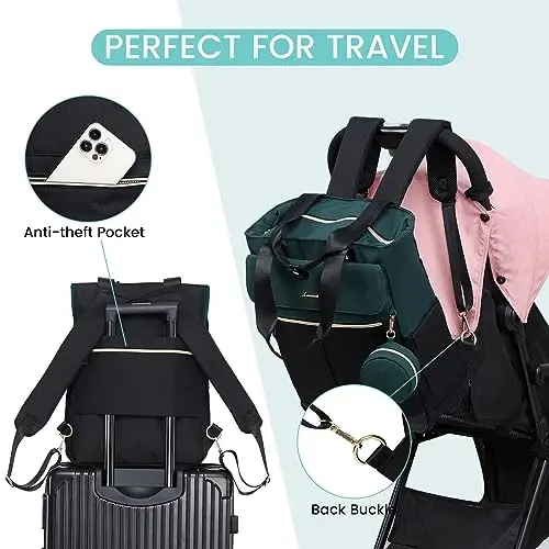LOVEVOOK Diaper Bag Backpack,Diaper Tote Bag with Insulated Pockets,Bag with Changing Pad,Large Bag with Pacifier Case,15.6 Inch Anti-Theft Laptop Backpack for Women,Black-Green - 5