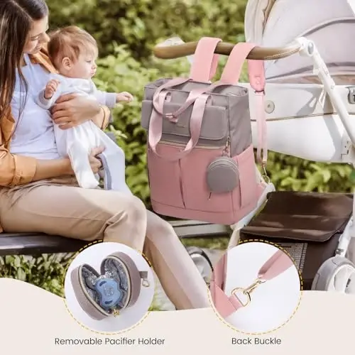 LOVEVOOK Diaper Bag Backpack,Diaper Tote Bag with Insulated Pockets,Baby Bag for Girl Boy with Changing Pad,Large Baby Diaper Bag with Pacifier Case,Anti-Theft Travel Backpack for Women,Pink-Gray - 5