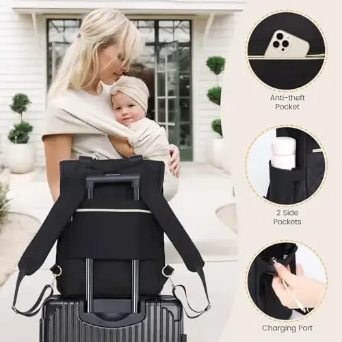 LOVEVOOK Diaper Bag Backpack,Diaper Tote Bag with Insulated Pockets,Baby Bag for Girl Boy with Changing Pad,Large Baby Diaper Bag with Pacifier Case,Anti-Theft Travel Backpack for Women,Black - 6