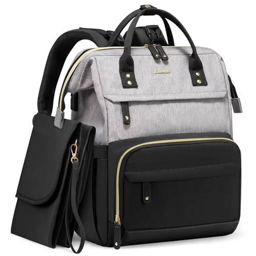 LOVEVOOK Diaper Bag Backpack, Baby Bag with Changing Station, Large Diaper Backpack for Mom Dads, Waterproof Leather Mommy Bag for Boy and Girl, Travel Essential Baby Shower, Black-Grey - 1