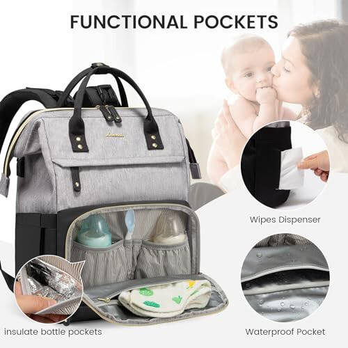 LOVEVOOK Diaper Bag Backpack, Baby Bag with Changing Station, Large Diaper Backpack for Mom Dads, Waterproof Leather Mommy Bag for Boy and Girl, Travel Essential Baby Shower, Black-Grey - 3