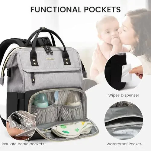 LOVEVOOK Diaper Bag Backpack, Baby Bag with Changing Station, Large Diaper Backpack for Mom Dads, Waterproof Leather Mommy Bag for Boy and Girl, Travel Essential Baby Shower, Black-Grey - 3