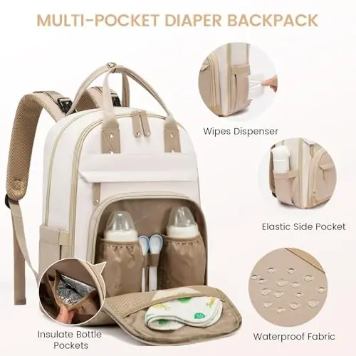 LOVEVOOK Bolalar uchun Diaper Bag Backpack, Bolalar uchun сумка, Katta Diaper Backpack Boy Girl, Suv o'tkazmaydigan bolalar uchun ro'yxatga olish sumkasi, Onalar va otalar uchun aravachalar bilan, bej-xaki - 4