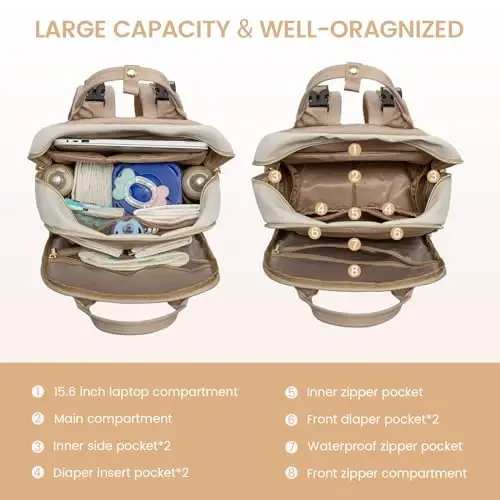 LOVEVOOK Bolalar uchun Diaper Bag Backpack, Bolalar uchun сумка, Katta Diaper Backpack Boy Girl, Suv o'tkazmaydigan bolalar uchun ro'yxatga olish sumkasi, Onalar va otalar uchun aravachalar bilan, bej-xaki - 3