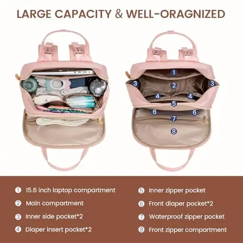 LOVEVOOK Diaper Bag Backpack, Baby Bag with Changing Pad, Large Diaper Backpack Boy Girl, Waterproof Baby Registry Bag for Mom Dad with Stroller Buckles, Pink-beige-brown - LOVEVOOK (1)