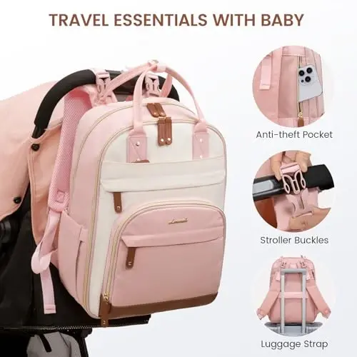 LOVEVOOK Diaper Bag Backpack, Baby Bag with Changing Pad, Large Diaper Backpack Boy Girl, Waterproof Baby Registry Bag for Mom Dad with Stroller Buckles, Pink-beige-brown - 4