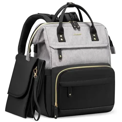 LOVEVOOK Diaper Bag Backpack, Baby Bag with Changing Station, Large Diaper Backpack for Mom Dads, Waterproof Leather Mommy Bag for Boy and Girl, Travel Essential Baby Shower, Black-Grey - 1