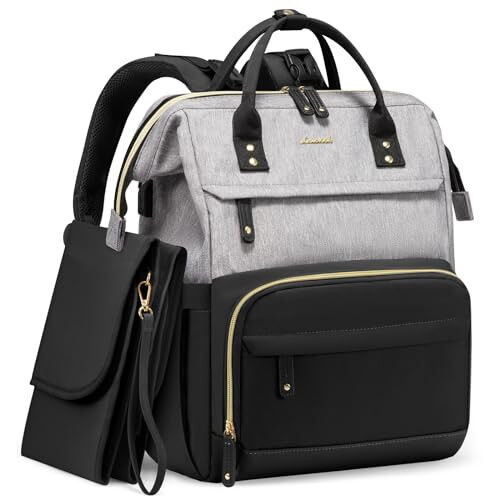 LOVEVOOK Diaper Bag Backpack, Baby Bag with Changing Station, Large Diaper Backpack for Mom Dads, Waterproof Leather Mommy Bag for Boy and Girl, Travel Essential Baby Shower, Black-Grey - LOVEVOOK