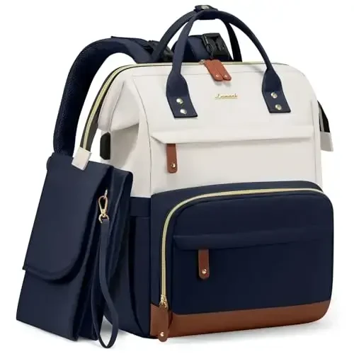 LOVEVOOK Diaper Bag Backpack, Baby Bag with Changing Station, Large Diaper Backpack for Mom Dads, Waterproof Leather Mommy Bag for Boy and Girl, Travel Essential Baby Shower, Navy Blue-Beige - 1