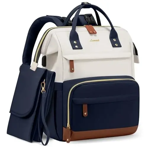 LOVEVOOK Diaper Bag Backpack, Baby Bag with Changing Station, Large Diaper Backpack for Mom Dads, Waterproof Leather Mommy Bag for Boy and Girl, Travel Essential Baby Shower, Navy Blue-Beige 