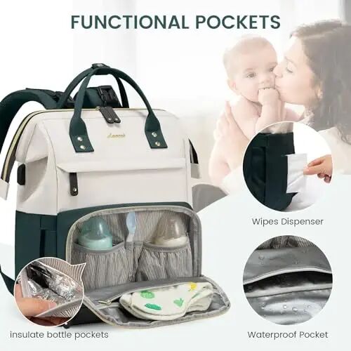 LOVEVOOK Diaper Bag Backpack, Baby Bag with Changing Station, Large Diaper Backpack for Moms Dads, Waterproof Leather Accents Baby Boy and Girl Bag for Travel Baby Essentials, Dark Green-Beige - 3