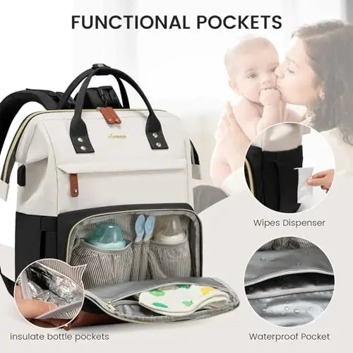 LOVEVOOK Diaper Bag Backpack, Baby Bag with Changing Station, Large Diaper Backpack for Moms Dads, Waterproof Leather Accents Baby Boy and Girl Bag for Travel Baby Essentials, Grey-Beige - 4