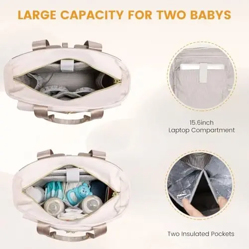 LOVEVOOK Diaper Bag Backpack, Diaper Bag Tote with Insulated Pockets, Baby Bag for Girl Boy with Changing Pad, Large Baby Diaper Bag with Pacifier Case, Anti-Theft Travel Backpack for Women, Coffee-Beige - 4