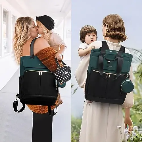 LOVEVOOK Diaper Bag Backpack with Insulated Pockets, Baby Changing Pad, Pacifier Case - Anti-Theft Travel Backpack for Women, Black-Green - 6