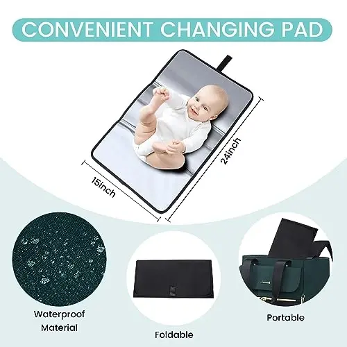 LOVEVOOK Diaper Bag Backpack with Insulated Pockets, Baby Changing Pad, Pacifier Case - Anti-Theft Travel Backpack for Women, Black-Green - 4
