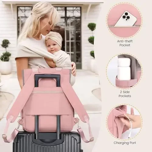 LOVEVOOK Diaper Bag Backpack,Diaper Bag Tote with Insulated Pockets,Baby Bag for Girl Boy with Changing Pad,Large Baby Diaper Bag with Pacifier Case,Anti-Theft Travel Backpack for Women,Pink-Gray - 6