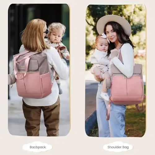 LOVEVOOK Diaper Bag Backpack,Diaper Bag Tote with Insulated Pockets,Baby Bag for Girl Boy with Changing Pad,Large Baby Diaper Bag with Pacifier Case,Anti-Theft Travel Backpack for Women,Pink-Gray - 2