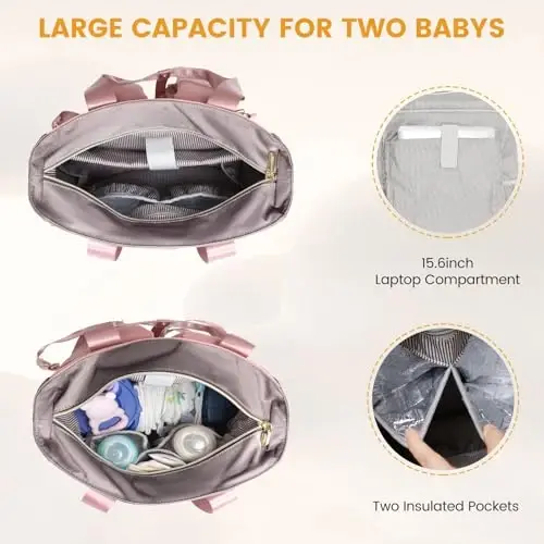 LOVEVOOK Diaper Bag Backpack,Diaper Bag Tote with Insulated Pockets,Baby Bag for Girl Boy with Changing Pad,Large Baby Diaper Bag with Pacifier Case,Anti-Theft Travel Backpack for Women,Pink-Gray - 3