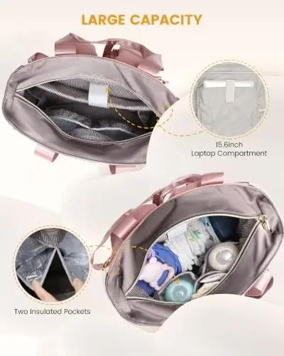 LOVEVOOK Diaper Bag Backpack,Diaper Bag Tote with Insulated Pockets,Baby Bag for Girl Boy with Changing Pad,Large Baby Diaper Bag with Pacifier Case,Anti-Theft Travel Backpack for Women,Pink-Gray - 1