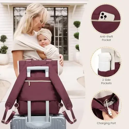 LOVEVOOK Diaper Bag Backpack,Diaper Bag Tote with Insulated Pockets,Baby Bag for Girl Boy with Changing Pad,Large Baby Diaper Bag with Pacifier Case,Anti-Theft Travel Backpack for Women,Red-White - 6