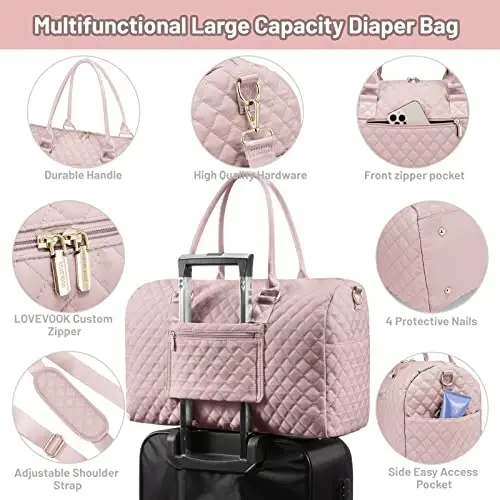 LOVEVOOK Diaper Bag Tote with Pacifier Case and Changing Pad, Large Capacity Mommy Bag for Hospital and Weekender Travel, Functional Baby Bag Newborn Baby Essential, Pink - 4