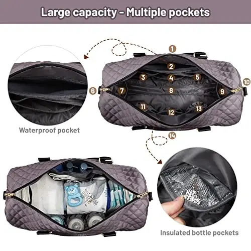 LOVEVOOK Diaper Bag Tote with Pacifier Case and Changing Pad, Large Capacity Mommy Bag for Hospital and Weekender Travel, Functional Baby Bag Newborn Baby Essential, Purple Gray - 5