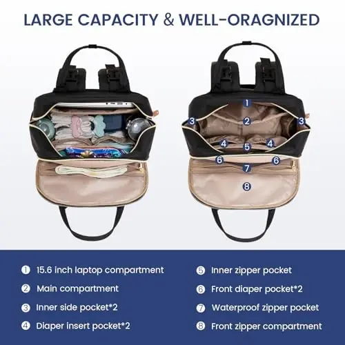 LOVEVOOK Pampers sumkasi xaltasi, almashtirish tagligi bilan chaqaloq sumkasi, katta pampers xaltasi o'g'il qiz, aravachalar uchun qisqichlari bo'lgan ota-ona uchun suv o'tkazmaydigan chaqaloq ro'yxatga olish sumkasi, qora-kulrang-jigarrang - 2