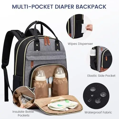 LOVEVOOK Pampers sumkasi xaltasi, almashtirish tagligi bilan chaqaloq sumkasi, katta pampers xaltasi o'g'il qiz, aravachalar uchun qisqichlari bo'lgan ota-ona uchun suv o'tkazmaydigan chaqaloq ro'yxatga olish sumkasi, qora-kulrang-jigarrang - 3