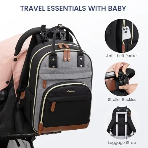 LOVEVOOK Pampers sumkasi xaltasi, almashtirish tagligi bilan chaqaloq sumkasi, katta pampers xaltasi o'g'il qiz, aravachalar uchun qisqichlari bo'lgan ota-ona uchun suv o'tkazmaydigan chaqaloq ro'yxatga olish sumkasi, qora-kulrang-jigarrang - 4