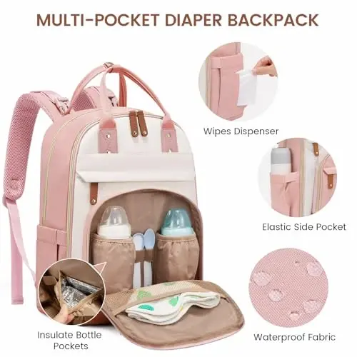 LOVEVOOK Diaper Bag Backpack, Baby Bag with Changing Pad, Large Diaper Backpack Boy Girl, Waterproof Baby Registry Bag for Mom Dad with Stroller Buckles, Pink-beige-brown - 3