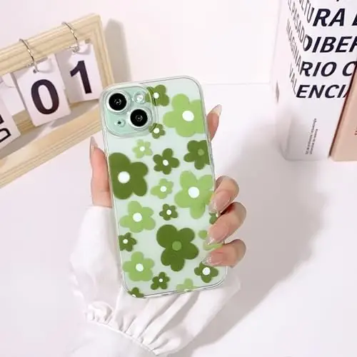 Lovmooful Compatible for iPhone 15 Case Cute Clear Flower Floral Color Design for Girls Women Soft TPU Shockproof Protective Girly for iPhone 15-Green Flower2 - 3