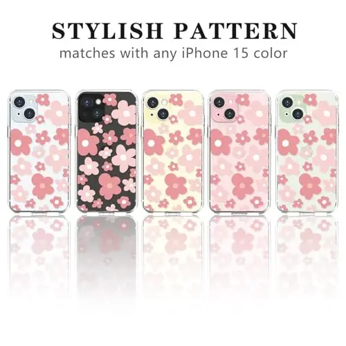 Lovmooful Compatible for iPhone 15 Case Cute Clear Flower Floral Color Design for Girls Women Soft TPU Shockproof Protective Girly for iPhone 15 - Pink Flower - 4