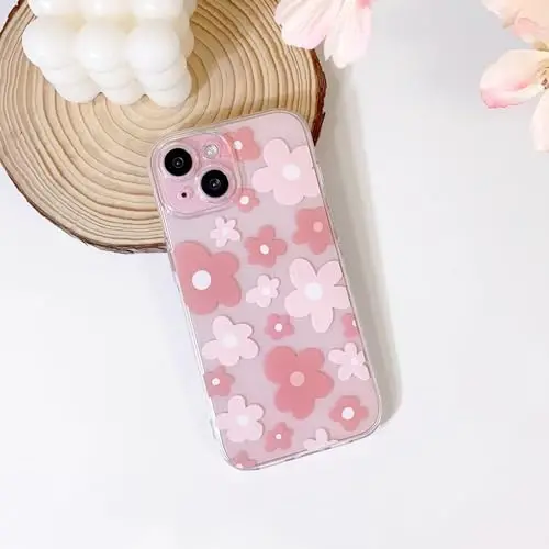 Lovmooful Compatible for iPhone 15 Case Cute Clear Flower Floral Color Design for Girls Women Soft TPU Shockproof Protective Girly for iPhone 15 - Pink Flower - 2