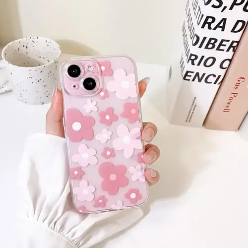 Lovmooful Compatible for iPhone 15 Case Cute Clear Flower Floral Color Design for Girls Women Soft TPU Shockproof Protective Girly for iPhone 15 - Pink Flower - 3