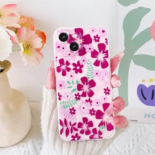 Lovmooful Compatible for iPhone 15 Case Cute Clear Flower Floral Color Design for Girls Women Soft TPU Shockproof Protective Girly for iPhone 15-Rose Red Flower - 3
