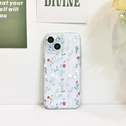 Lovmooful Compatible for iPhone 15 Case Cute Clear Flower Floral Color Design for Girls Women Soft TPU Shockproof Protective Girly for iPhone 15-Twig Flower - 6