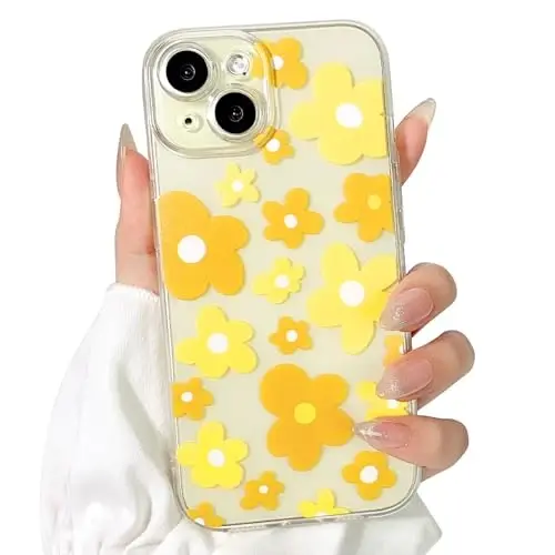 Lovmooful Compatible for iPhone 15 Case Cute Clear Flower Floral Color Design for Girls Women Soft TPU Shockproof Protective Girly for iPhone 15-Yellow Flower 