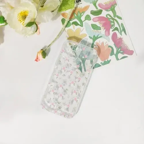 Lovmooful Compatible for iPhone 15 Case Cute Clear Flower Floral Design for Girls Women Soft TPU Shockproof Protective Girly for iPhone 15-Pink & White Flowers - 2