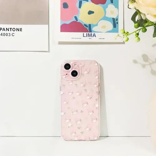 Lovmooful Compatible for iPhone 15 Case Cute Clear Flower Floral Design for Girls Women Soft TPU Shockproof Protective Girly for iPhone 15-Pink & White Flowers - 6