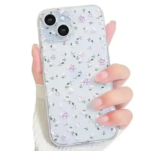 Lovmooful Compatible for iPhone 15 Case Cute Clear Flower Floral Design for Girls Women Soft TPU Shockproof Protective Girly for iPhone 15-Purple Flying Flower - 1