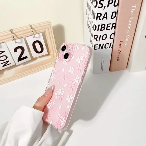 Lovmooful Compatible for iPhone 15 Case Cute Clear Flower Floral Design for Girls Women Soft TPU Shockproof Protective Girly for iPhone 15-White Pink Floral - 5