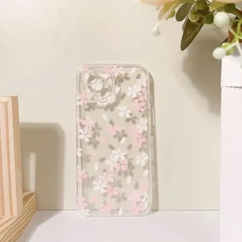 Lovmooful Compatible for iPhone 15 Case Cute Clear Flower Floral Design for Girls Women Soft TPU Shockproof Protective Girly for iPhone 15-White Pink Floral - 6