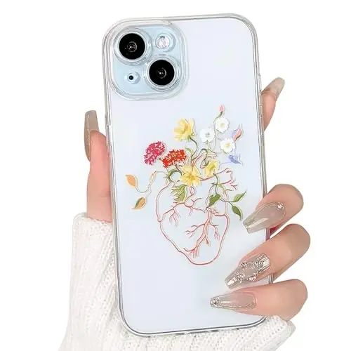 Lovmooful Compatible for iPhone 15 Case Cute Clear Flower Floral Heart Design for Girls Women Soft TPU Shockproof Protective Girly for iPhone 15-Heart Flower 