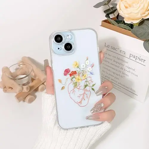Lovmooful Compatible for iPhone 15 Case Cute Clear Flower Floral Heart Design for Girls Women Soft TPU Shockproof Protective Girly for iPhone 15-Heart Flower - 3