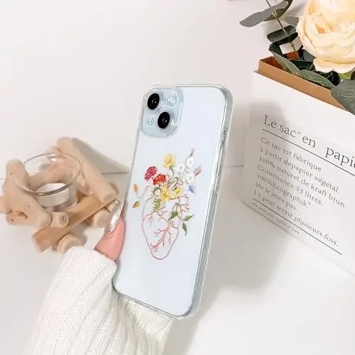 Lovmooful Compatible for iPhone 15 Case Cute Clear Flower Floral Heart Design for Girls Women Soft TPU Shockproof Protective Girly for iPhone 15-Heart Flower - 5