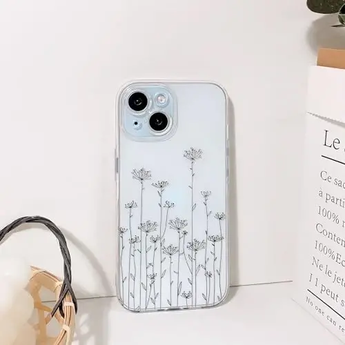 Lovmooful Compatible for iPhone 15 Case Cute Clear Flower Floral Leaf Design for Girls Women Soft TPU Shockproof Protective Girly for iPhone 15-Black Poppy - 6