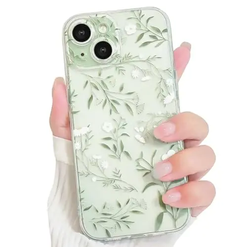 Lovmooful Compatible for iPhone 15 Case Cute Clear Flower Floral Leaves Design for Girls Women Soft TPU Shockproof Protective Girly for iPhone 15-Green Branches - 1